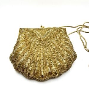 Vintage 6" NOS Gold Beaded Seashell Clam Evening Bag by Andre Cellini Deco Style